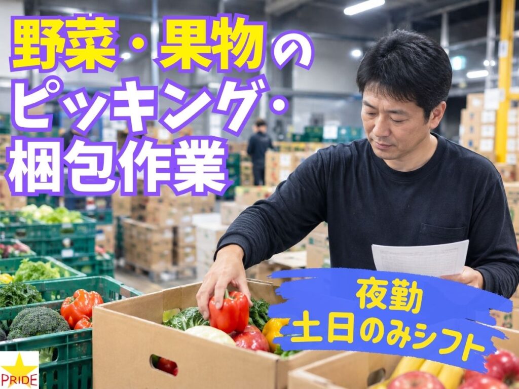 ＼土日だけの週2勤務×夜勤／スキマバイト先にオススメ◎野菜のピッキング作業【10216】